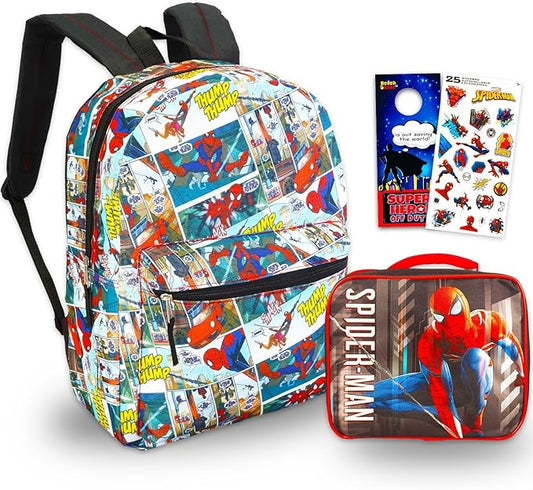 Marvel Spiderman Backpack with Lunch Box Set - Bundle with 16” Spider-Man Backpack & Lunch Bag, Stickers, More | Spiderman School Bag for Kids, Boys