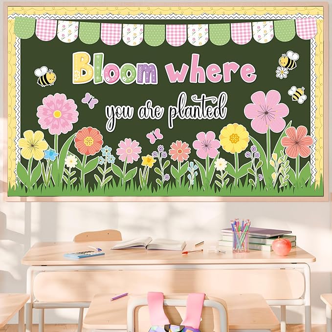 Spring Bulletin Board Set Colorful Flower Cutouts Flower Classroom Decoration Bloom Where You are Planted Bulletin Board Spring Floral Cut Out for School Classroom Office Home Chalkboard Wall Decor