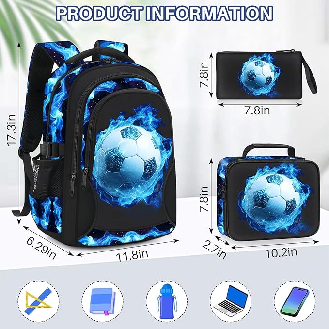 School Backpacks for Boys - 4pcs Soccer Boys Backpacks with Lunch Box Set for Kids Teens Elementary Middle School, 17″ Large Capacity Students Bookbag, Perfect for Travel