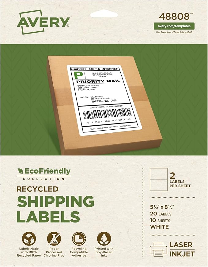 Avery EcoFriendly Recycled Shipping Labels, 5.5" x 8.5" Half-Sheet Labels, White, Permanent Adhesive, Laser & Inkjet Printers, 20 Total, Great for Mailing, Product Merchandising, and More (48808)