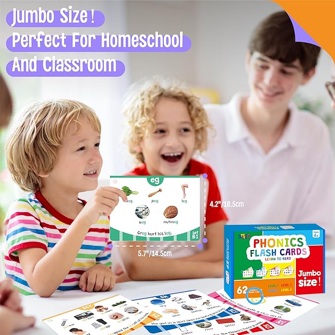 Phonics Flashcards, 120 Phonics 62 Double-Sided Cards - 20 Phonic Group Sets CVC, Digraph, Trigraph Blends Long Vowel Sounds, Early Educational Tool for Kids Ages 4-8 Years Old (4 Plastic Rings)