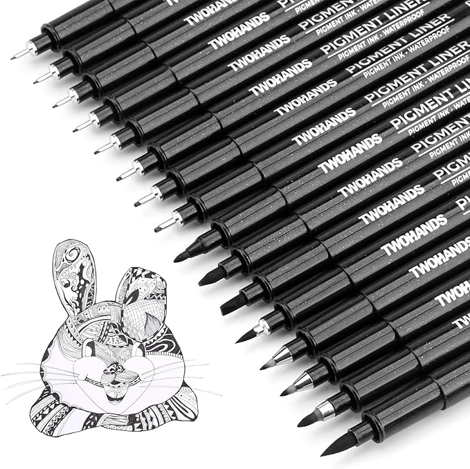 TWOHANDS Art Pen Drawing Marker Pens Fineliners Set of 16 Technical Drawing Marker,Pigment,Black,for Art Watercolor,Sketching,Anime,Manga, 21274