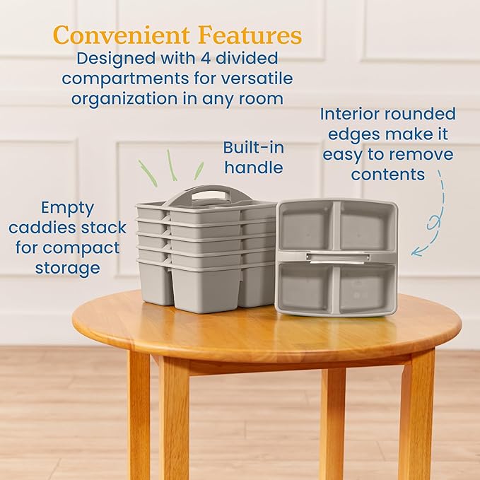 ECR4Kids 4-Compartment Medium Plastic Caddy, Multipurpose Organization, Grey, 6-Pack