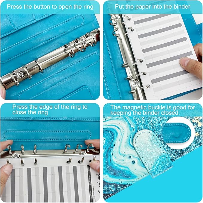 A5 Refillable 6 Ring Faux Leather Budget Binder,Mini Notebook Binder Cover for A5 Filler Paper,Loose Leaf Personal Planner Cover with Magnetic Buckle Closure(Marble Blue)