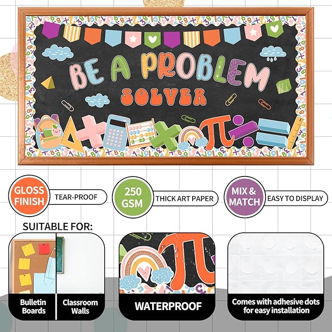 81 Pcs Boho Math Bulletin Board Set Mathematics Symbol Paper Cutouts Be A Problem Solver Bulletin Board Back to School Classroom Decorations for Teacher Educational Elementary Party Wall Decor