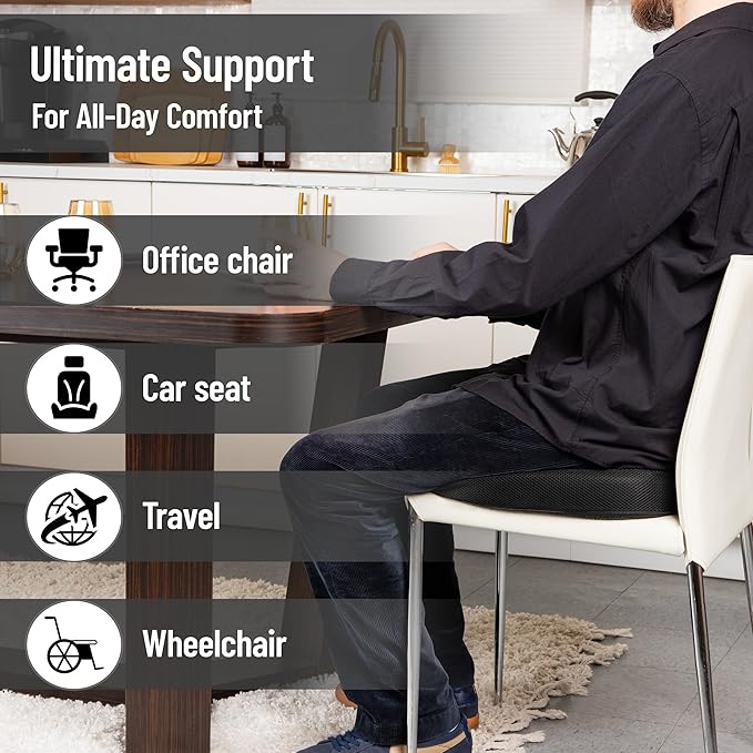 Mind Reader Gel Memory Foam Seat Cushion with Tailbone Cutout, Air-Cloud Technology, Ergonomic Support for Office Chair, Car, Sciatica, Coccyx & Hip Pain Relief, Black
