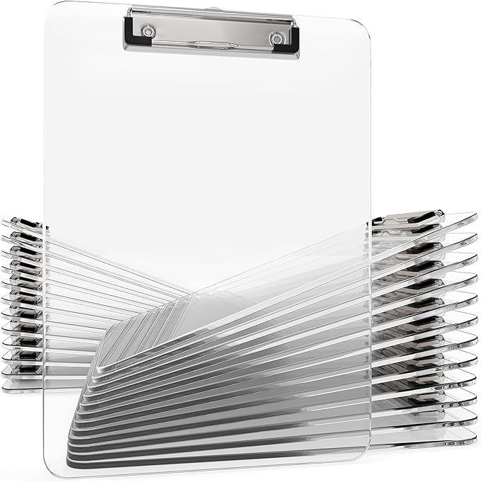 25 Pack Transparent Plastic Clipboards Bulk Acrylic Clear Clip boards with Low Profile Metal Clip Board 12.5 x 9 Inch Letter Size Clipboard Class Set for Classroom with Hanging Hook - Holds 100 Sheets