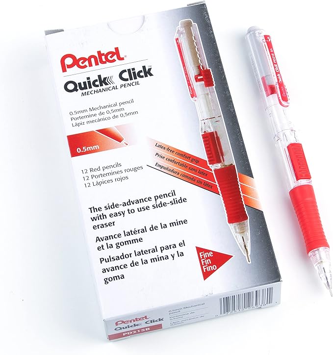 Pentel QUICK CLICK Mechanical Pencil (0.5mm), Red Barrel, Box of 12 Pencils (PD215B)