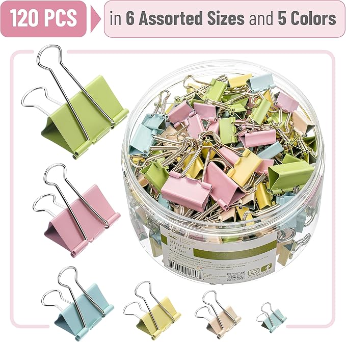 Mr. Pen- Binder Clips, 120 pcs, Assorted Sizes, Colored Binder Paper Clips, Bulk Paper Clamps for Office Supplies, Home, School, Business, Document Organizing