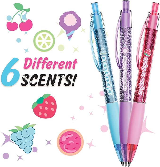Glitter Glam Smens - Patented Gourmet Scented Black Glitter Gel Ink Pens, Medium Point, 6 Count - Fun, Cute, Cool, Smelly Pens for Kids