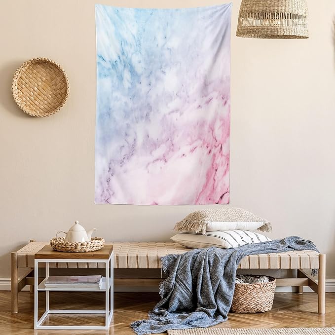 Ambesonne Marble Print Tapestry Twin Size, Pastel Toned Cloudy Crack Lines Stained Antique Shabby Design, Wall Hanging Bedspread Bed Cover Wall Decor, 68" X 88", Pink