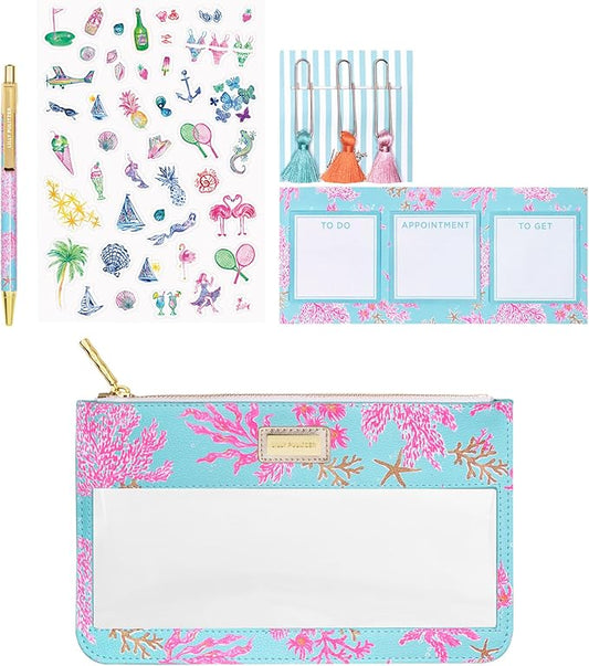 Lilly Pulitzer Pencil Case with Planner Accessories for Adults, Agenda Bonus Pack Includes Stickers, Click Pen, Mini Notepads, Bookmarks, and Zipper Pouch (Royal Coral)