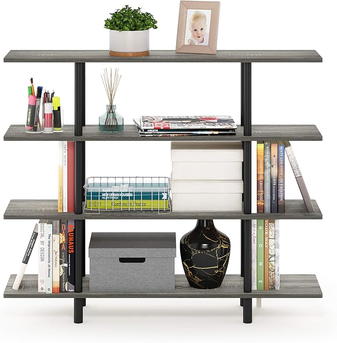 Furinno Turn-N-Tube 4-Tier Wide Display Shelf, French Oak Grey/Black