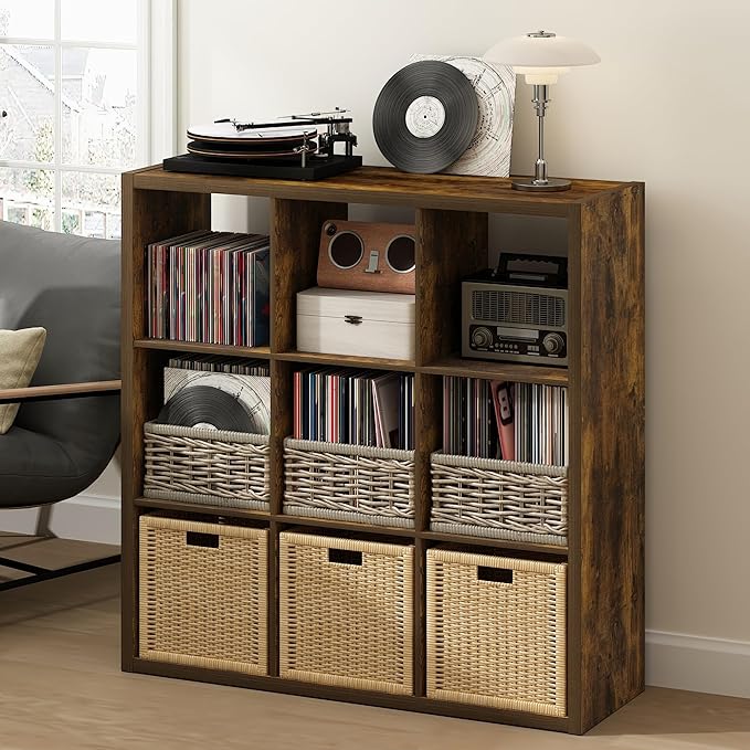 Furinno Cubicle Record Player Stand with Vinyl Storage, 9-Cube 1.2 Extra Thick Vinyl Record Storage, Open Back Media Shelf for CD DVD Blueray Game Disc, for Living Room, Home Office, Amber Pine