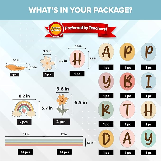 Decorably 97 Pcs Cutouts Boho Birthday Bulletin Board Decorations Set with Borders - Gloss-Laminated Cardstock, Easy-to-Write-on & Erase, for Classroom, School Hallways, Study Room