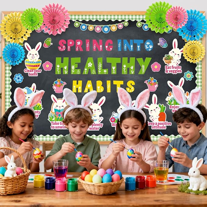 Spring Health Bulletin Board Decorations Spring into Healthy Habits Classroom Bulletin Board Set with 3D Paper Fans Easter Bunny Health Cutouts for School Home Door Wall Chalkboard Decor