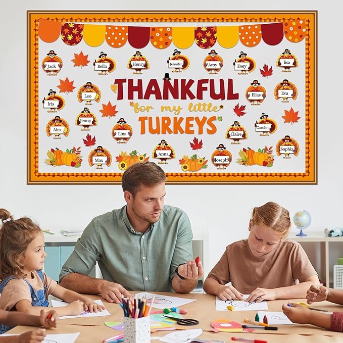 Thanksgiving Turkey Bulletin Board Set Thankful Classroom Decoration My Little Turkeys Paper Cutouts DIY Fall Crafts Bulletin Board Border for School Wall Autumn Decor Teacher Supplies