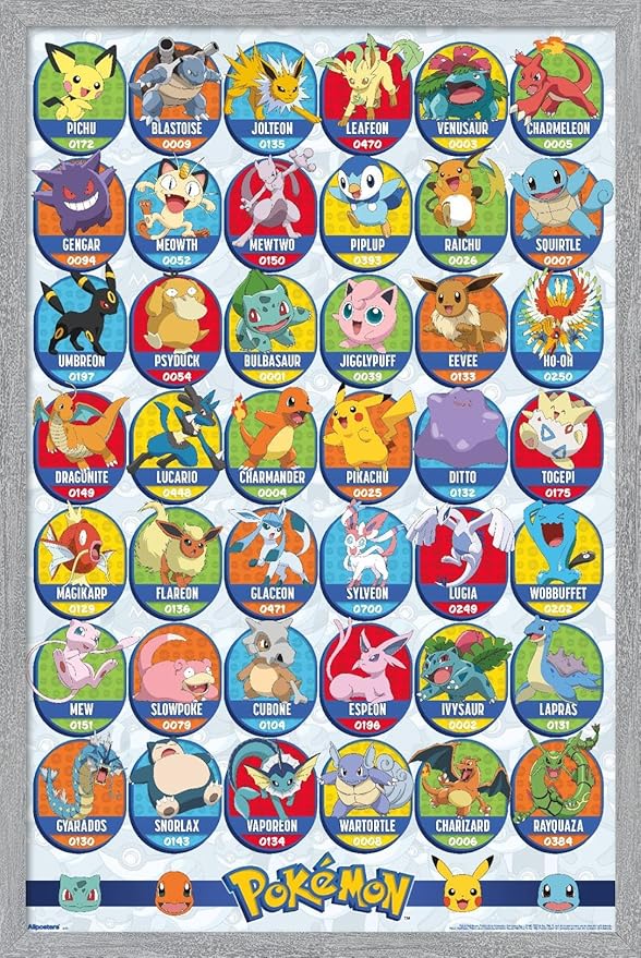 Pokémon: All-Time Favorites - Grid Wall Poster, 34L" x 22.4W", Gray Framed Version