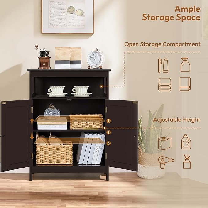 Yaheetech Bathroom Floor Storage Cabinet, Wooden Free Standing Storage Organizer with 2 Doors & Adjustable Shelf for Living Room, Hallway, Espresso