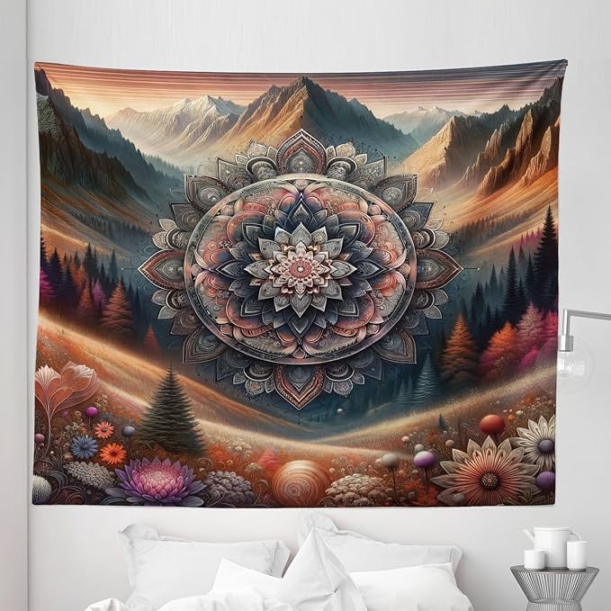 Ambesonne Hippie Tapestry King Size, Modern Scandi Blooming Trippy Flower with Mountain Landscape Woodland, Wall Hanging Bedspread Bed Cover Wall Decor, 104" X 88", Pale Vermilion Cadet Blue