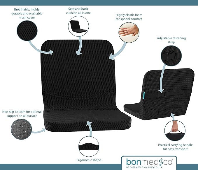 bonmedico Back Support Cushion with Seat – Ergonomic Lumbar Support Pillow Seat Cushion for Office Chair Car Gaming Home Portable Non-Slip Design with Washable Cover – Ideal Gift for Comfort Posture