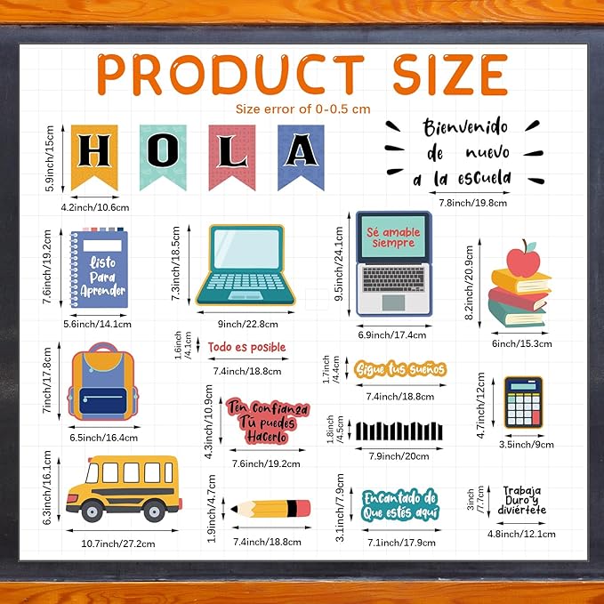 55 Pcs Spanish Back to School Classroom Bulletin Board Sets Colorful Pencil Notebook Schoolbag Paper Cutouts First Day of Bulletin Board Decor for School Chalkboard Wall Door Decor Supplies