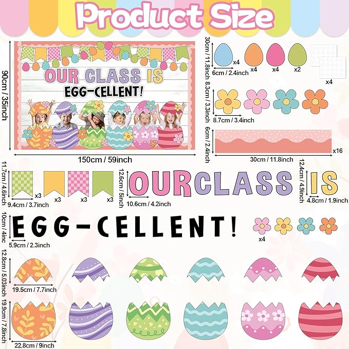 Easter Bulletin Board Decoration Set Easter Egg Paper DIY Photo Craft Cutouts Our Class is Egg-Cellent Spring Classroom Decoration for Holiday Party Teacher School Home Office Chalkboard Wall Decor