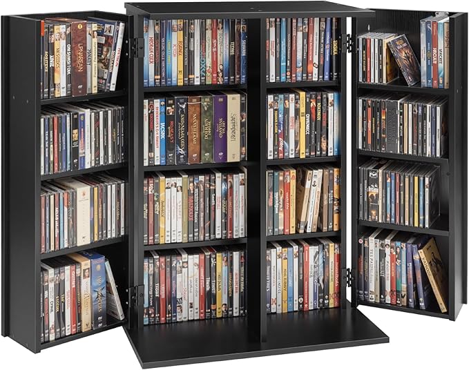 VEVOR Media Storage Cabinet, 4-Tier DVD Shelf Organizer, 24.02 x 14.49 x 33.31 in Multimedia Storage Organizer for CDs, DVDs, Books, Games, CD Shelf for Living Room, Home Office, Recording Room, Black