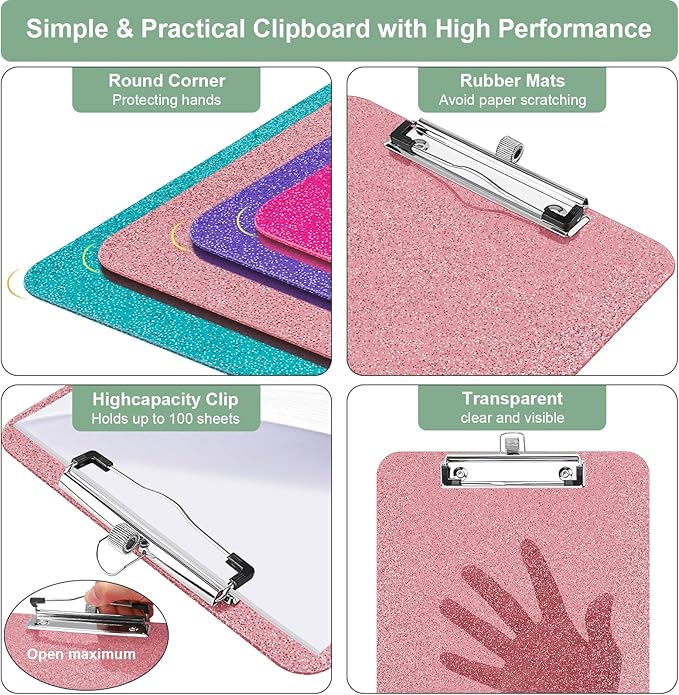 1 Pcs Clear Glitter Clipboards, Plastic Clipboard with Pen Holder, Size 8.85 x 12.4 in Shiny Clipboards with Low Profile Clip, Cute Hanging Clipboard for Office School Supplies Sparkly Clip board-Pink