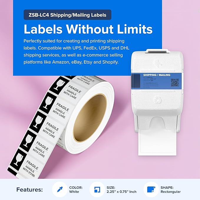 Zebra ZSB Series Labels - Potato Starch-Based Printer Label Paper - Recyclable Cartridge for Stickers - Versatile, Cloud-Based Adhesive - Mailing, 2.25" x 4"