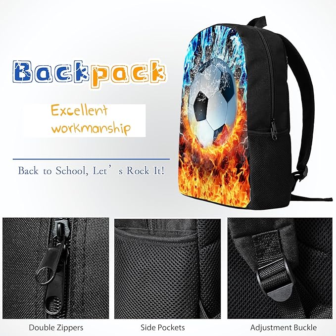 3PCS Soccer Backpack Set for Boys, Lightweight Large Backpack with Lunch Box & Pencil Case, Cool Sport Bookbag for Kids, Back to School Backpacks for Elementary & Middle School - 01