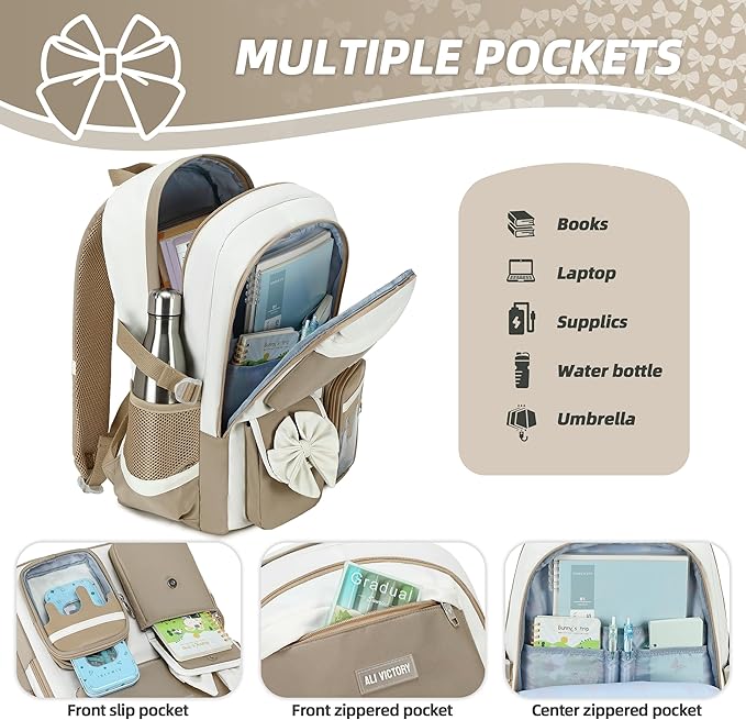School Backpack for Girls 3PCS Nylon Kids Backpack Set with Lunch Box & Pencil Pouch, Cute Lightweight Teen Girls School Bag Laptop Bag Travel Daypack for Elementary Middle High School Beige Brown