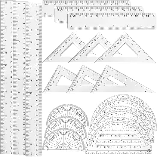 Tenare 18 Pcs Plastic Clear Math Set Includes Protractor Triangle Rulers 12 Inch 6 Inch Straight Geometry Math Transparent Ruler Measuring Tool for Office Home Supplies