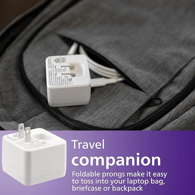 Philips USB Wall Charging Kit, 60W GaN USB C Charger Block with 6ft Braided Cord, Dual Port USB Cube for iPhone 16 Series, 15 Series, iPad Pro, Foldable Plug, White Charging Box, DLP3523W/37