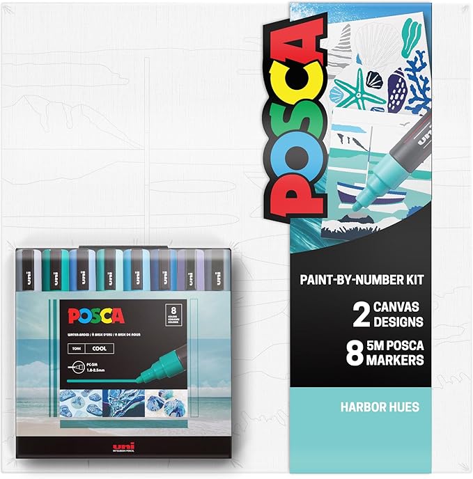 POSCA Canvas Paint by Number Kit, Harbor Hues - 8 Markers with 2 Pre-Drawn Canvases - For All Artists and Holiday Gifting