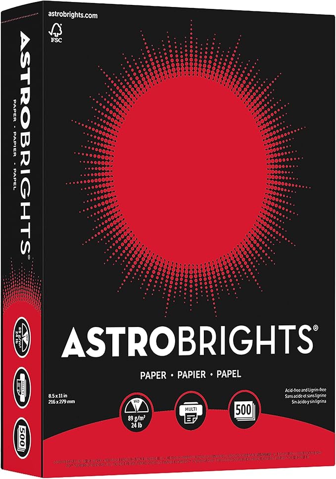 Astrobrights Color Paper, 8.5” x 11”, 24 lb/89 gsm, Re-Entry Red, 500 Sheets (21558)