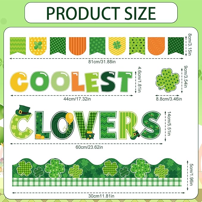 St. Patricks Bulletin Board Decorations - Irish Classroom Decorations, Shamrock Gold Coin Gnome Green Lucky Clover Paper Cutouts Set for School Chalkboard Office Wall Decor
