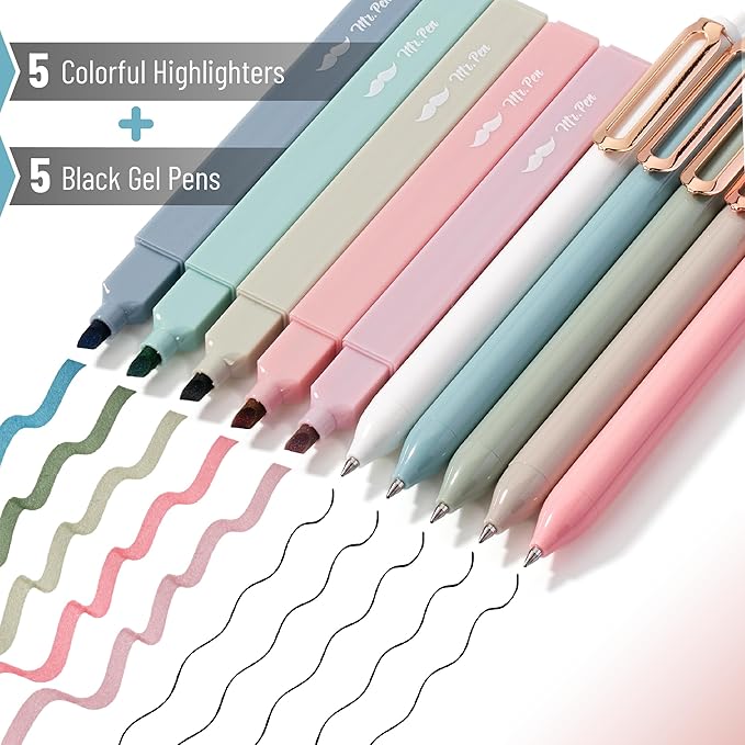 Mr. Pen Aesthetic Highlighters and Gel Pens, 10 Pack Assorted Colors Bible Highlighters No Bleed, Morandi Barrels Black Ink Pens