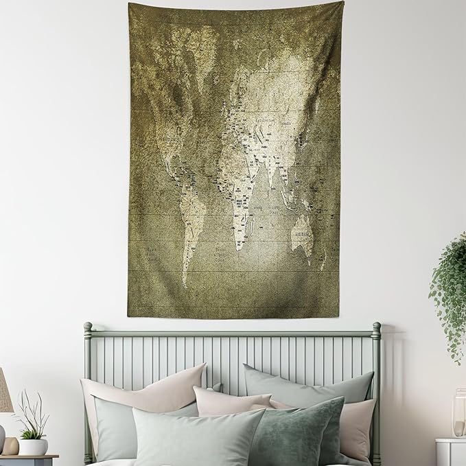 Ambesonne Antique Tapestry Queen Size, Old World Map Texture Nostalgic Plan Atlas Trace of Life, Wall Hanging Bedspread Bed Cover Wall Decor, 88" X 88", Khaki Beige