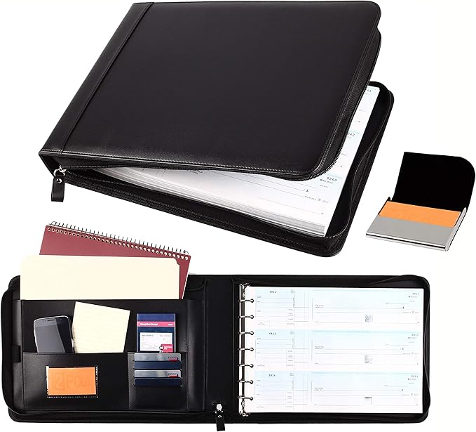 2Fold Zippered Business Checkbook Binder - 7 Ring Binder for Business Checks with Built-in Organizer and Card Case - PU Leather Portfolio for up to 600 3-Up Checks (Black)