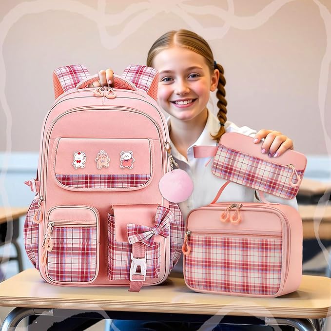 3PCS Girls Backpack Set for School - Cute Kids Bookbag with Lunch Box & Pencil Case, Stylish Backpack Combo for Girls Preschool Elementary Middle High School Students Teens Pink