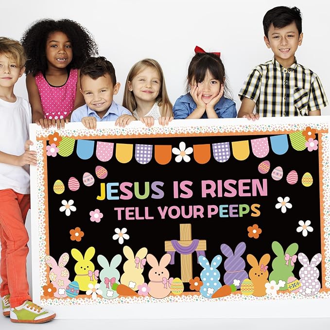 Easter Peeps Bulletin Board Decorations Set 75Pcs Jesus is Risen Cross Christian Easter Classroom Decor with Border Candy Bunny Peeps Eggs Cutout for Chalkboard Wall Door Religious Church Home Office