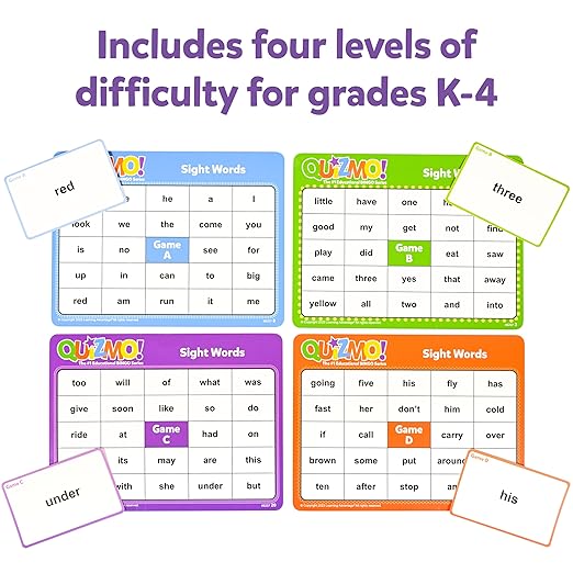 QUIZMO Sight Words - Bingo-Style Vocabulary Game - 4 Levels of Difficulty for Ages 5-9 - Teach Basic Reading and Writing Skills