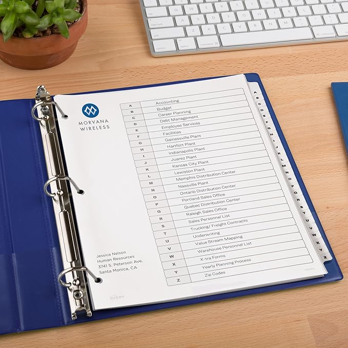 Avery A-Z 26 Tab Dividers for 3 Ring Binders, Customizable Table of Contents, Classic White Tabs, 1 Set (11828)