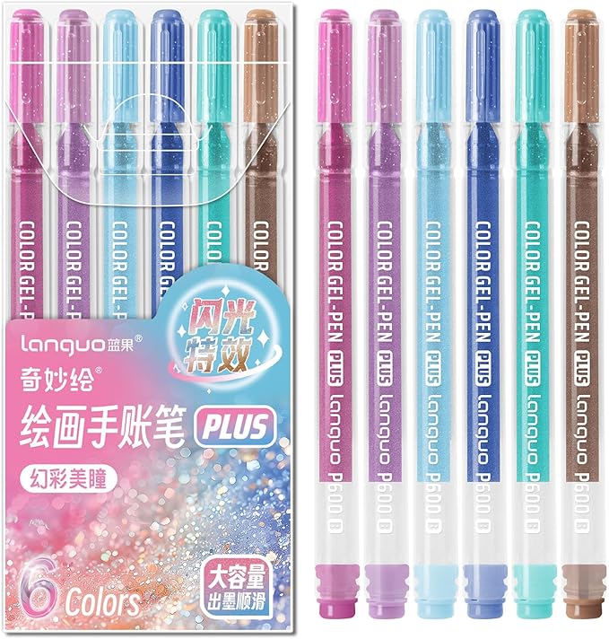 Glitter Gel Pens, 6 Pack Glitter Pens For Adults Coloring Books, 1.0mm Point Colored Pens, Large Capacity Ink Pens for Coloring, Writing, Drawing, Journaling, Note Taking, Office, Home