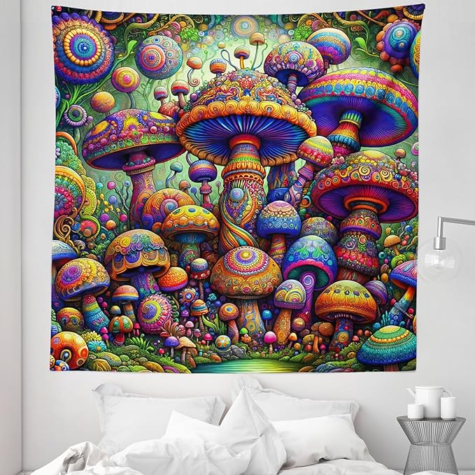 Ambesonne Mushroom Tapestry Queen Size, Art Trippy Jungle with Colorful Huddles of Oriental Motifs Outer World Psychedelic, Wall Hanging Bedspread Bed Cover Wall Decor, 88" X 88", Multicolor