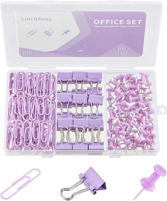 200pcs Paper Clips Binder Clips and Push Pins Set, Mini Clips and Thumb Tacks for Multipurpose Document Organization (Purple)
