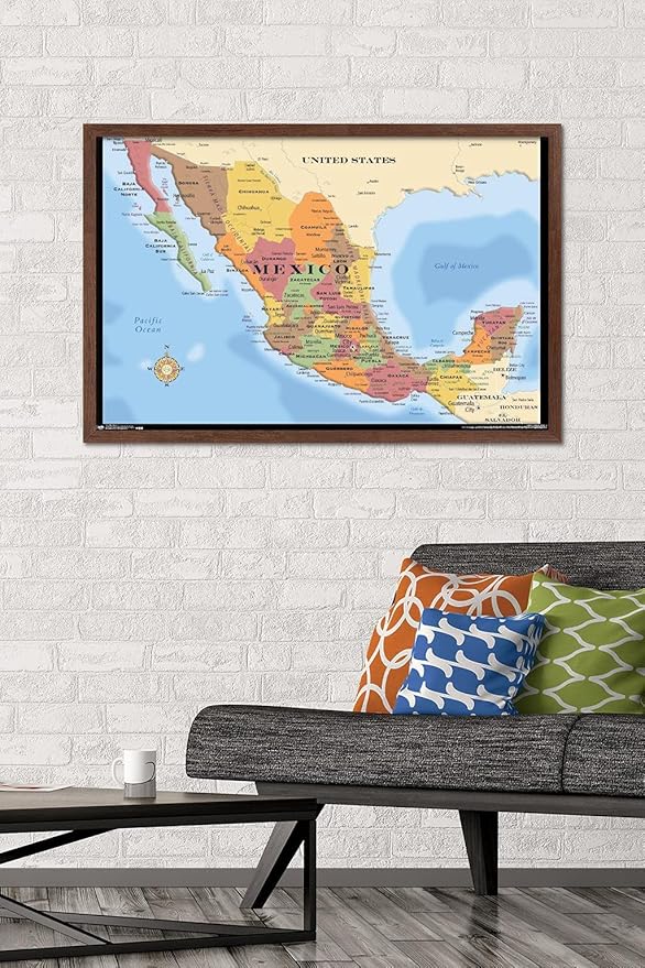 Trends International Map - Mexico Wall Poster, 22.375" x 34", Mahogany Framed Version