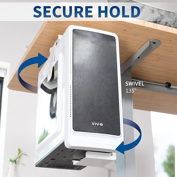 VIVO Adjustable Under Desk and Wall Mount for PC 3.5-7.8 inches Wide, Computer Case CPU Holder with Swivel and Secure Locking, White, MOUNT-PC01W