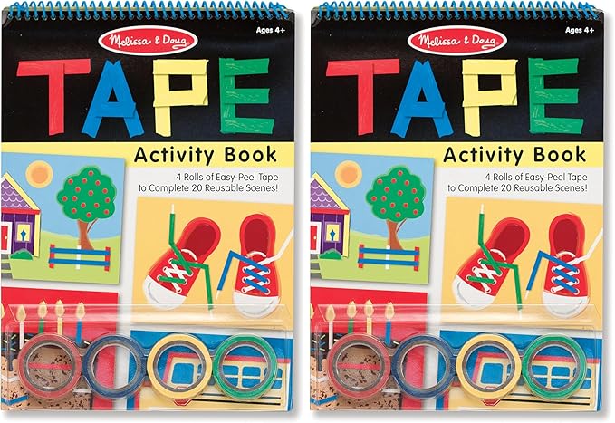 Melissa & Doug Tape Activity Book for Kids with 4 Easy-Tear Tape Rolls (Blue, Green, Red, Yellow) & 20 Reusable Scenes on Spiral-Bound Sheets, Road Trip Activities & Travel Toys for Kids Ages 4+